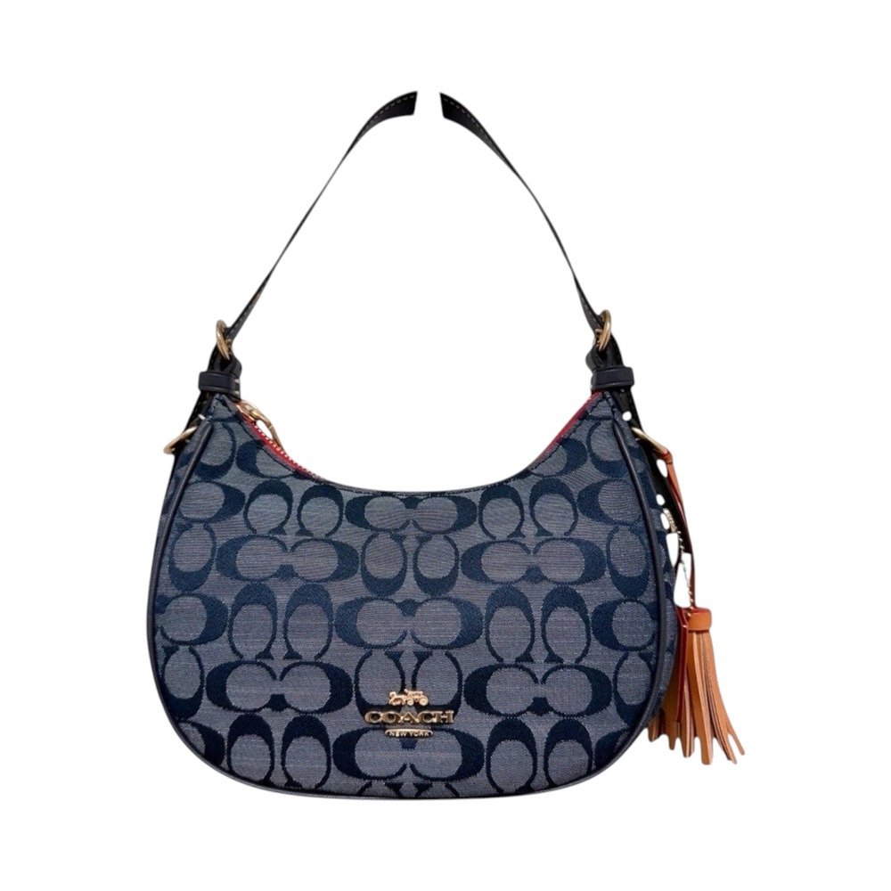 Coach Kleo Small Shoulder Bag Blue Signature Chambray Navy Leather C8163